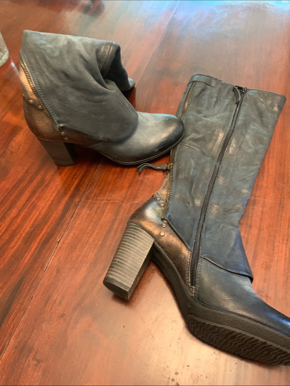 Metallic Brown and blue Heeled Women’s Boots with Side Zip and Stud Detail
